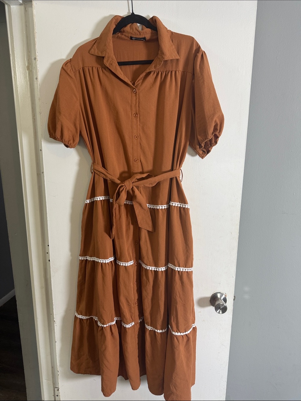 Tiered Button-Front Maxi Dress with Tie Waist in Rust